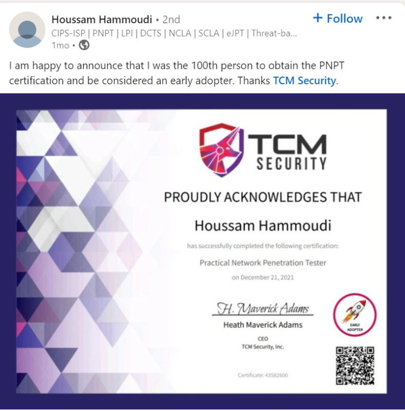 Houssam achieved their PNPT certification!