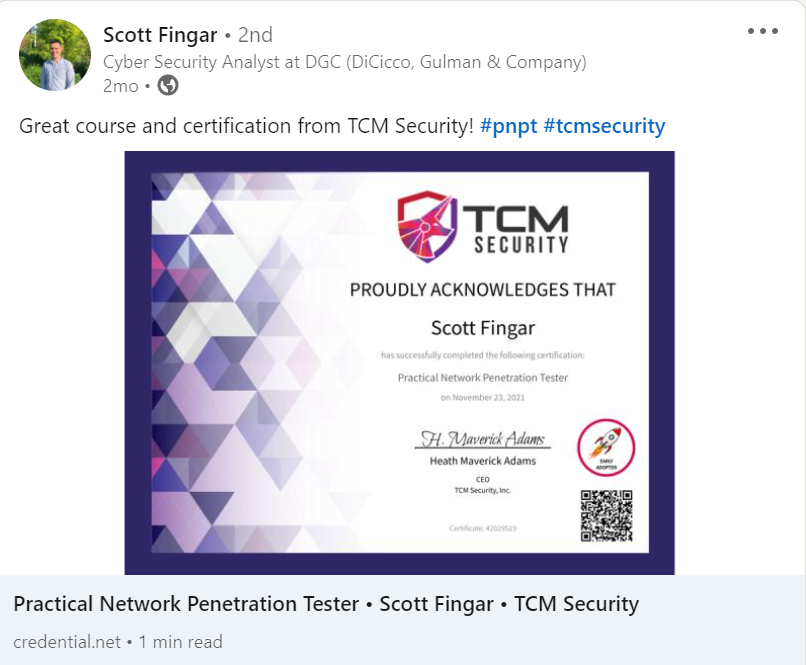 PNPT Certification issued to Scott Fingar